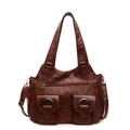 Borsa tote marrone scuro in ecopelle plissettata con due tasche frontali decorative - Marrone