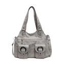 Retro grey multi-pocket tote bag in textured PU leather with adjustable shoulder strap - Gray