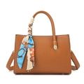Borsa tote in pelle marrone a grana con foulard floreale e tracolla staccabile - Marrone