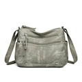 Fashionable retro crossbody bag for women in grey green washed leather with multiple zippers - Khaki