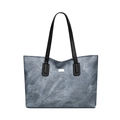 Chic tote bag for women featuring grey-blue marble texture and black handles - Blue