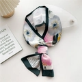 Elegant floral silk scarf with pink blooms and green geometric border in stylish bow knot - Six-Frame Large Floral