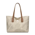 Grey marble textured tote bag with brown faux leather straps on white background - Gray