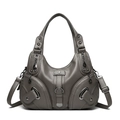 Sac à main en cuir grainé avec plusieurs poches zippées et une bandoulière réglable - Gris