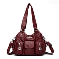 Retro large capacity red shoulder bag with multi-pocket design and adjustable strap - Burgundy