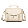 Retro beige crossbody square bag with top handle and gold metal buckle on white background - White