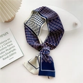 Narrow silk scarf twilly in navy and cream with geometric chain and bird patterns - Houndstooth Buckle Navy Pink