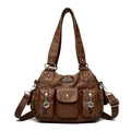 Retro brown large capacity multi-pocket shoulder bag in soft leather with silver details - Brown