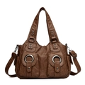 Vintage dark brown PU leather tote bag with metallic rings and multiple pockets - Brown