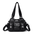 Retro black large multi-pocket shoulder bag with silver hardware and pendant - Black