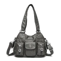 Dark grey multi-pocket vintage shoulder bag with silver floral zippers and crossbody strap - Gray