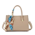 Beige lychee pattern leather tote bag with elegant silk scarf and detachable shoulder strap - Apricot
