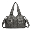 Vintage large capacity charcoal grey tote bag with metallic ring and oil wax texture - Gray