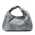 Minimalist denim blue textured shoulder bag with pleated design and golden metal accents - Blue