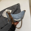 Chic blue denim crescent moon bag with silver pearl chain and brown knotted leather strap - Denim Blue