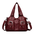 Retro burgundy large capacity shoulder bag with lychee texture and silver ring buckles - Red