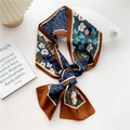Elegant floral silk-feel narrow scarf in brown and navy with geometric patterns - Tadpole Flower