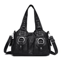 Retro black faux leather shoulder bag with vintage silver rings and functional front pockets - Black