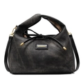 Black washed denim handbag with knotted handle and adjustable leather crossbody strap - Black