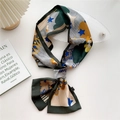 Artistic skinny silk scarf with emerald green border and navy blue star pattern - Magic Star Girl