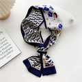 French style narrow silk scarf with navy geometric patterns and yellow floral print - Flower E Navy Blue