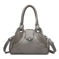 Gray pleated leather underarm bag with metal ring handles and adjustable shoulder strap - Dark Gray