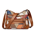 Borsa a tracolla retrò in ecopelle patchwork con chiusure lampo e cinturino marrone - Stile Patchwork Vintage (3060-4)