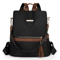 Zaino versatile in nylon nero con finiture in pelle marrone e dettaglio nappa - Nero e Marrone