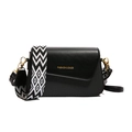 Black leather crossbody square bag with wide geometric strap and gold FASHION & BAGS logo - Black