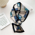 Elegant narrow silk scarf with geometric architectural print in teal navy and khaki tones - Design Pattern Black Edge