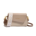 Sac carré bandoulière beige tissé avec large sangle ethnique et détails dorés - Poche zippée