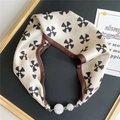 Detail of silk-feel scarf necklace featuring brown geometric pattern and crystal magnetic clasp - Beige Four-Petal Geometric (1M Cross Shuriken)