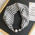 Detailed view of black and white chevron scarf necklace with silver rhinestone magnetic clasp - Black & White Diagonal Stripes (2m Simple Cord)