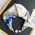 Silk scarf necklace with nautical print and crystal magnetic ball clasp decoration - Beige Nautical Sail
