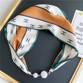 Detail of silk scarf necklace featuring H pattern, tricolor stripes and crystal metal balls - Yellow Green with H-Letter Frame