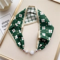 Floral print silk scarf necklace in dark green with diamond-encrusted magnetic clasp - Green Floral (1M)