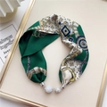Detail of green silk scarf with golden chain patterns and crystal magnetic clasp - Green Square Chain (3M)