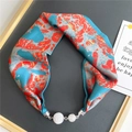 Cyan silk scarf necklace with vintage orange patterns and crystal ball magnetic clasp - Cyan Vintage Red Pattern Bird (13M红纹鸟印)