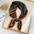 Pleated square silk scarf featuring vintage green and brick red geometric patterns - Orange Floral Pattern (YZ7018-18)