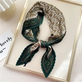 Pleated square scarf with forest green and cream chain print in an elegant knotted style - Green Leaf Chain Pattern (YZ7018-26)