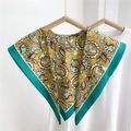 Retro mustard yellow triangle scarf featuring paisley patterns and green borders - Colorful Paisley
