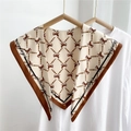 Beige horse print silk scarf with brown border and cursive nicedays lettering on a hanger - Horse Belt