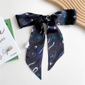 Black satin hair scarf with colorful artistic cloud patterns and elegant bow design - 125cmx7cm / Streamer