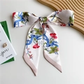 Pink floral silk feel scarf with magpie print for hair or neck styling - 125cmx7cm / Bird and Branches
