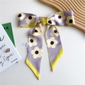 Lavender floral silk scarf accessory with yellow trim shown as a large hair bow - 125cmx7cm / Yellow Five-Petal Flower