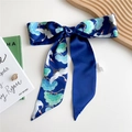 Navy blue silk ribbon bow with crane and pine pattern for hair or neck accessories - 125cmx7cm / Crane and Pine
