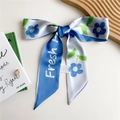 Elegant blue floral silk skinny scarf with Fresh typography for women accessories - 125cmx7cm / Blue Flowers with Green Leaves