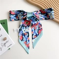 Floral print blue silk ribbon scarf with colorful patterns for hair and bags - 125cmx7cm / Oil Painted Flower