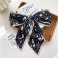 Pleated black floral skinny scarf with white rose patterns for bags or neckwear - Black White Peony Pleated