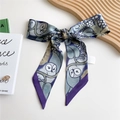 Blue bow-tied long skinny silk scarf with artistic owl pattern and purple contrast tips - 125cmx7cm / Owl Purple